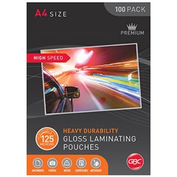 GBC LAMINATING POUCHES A4 125 MICRON HIGH SPEED GLOSS PACK OF 100