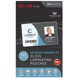 GBC LAMINATING POUCHES 65 X 108MM 175 MICRON GLOSS PACK OF 100