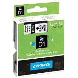 DYMO D1 LABEL CASSETTE TAPE 6MM X 7M BLACK ON WHITE
