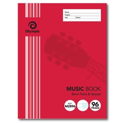 OLYMPIC M2896 MUSIC BOOK 225 X 175MM 8MM FEINT AND STAVED RULED 96 PAGE
