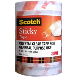 SCOTCH 502 STICKY TAPE CRYSTAL CLEAR 502 24MMX66M PACK OF 6