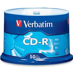 VERBATIM RECORDABLE CD-R 80MIN 700MB 52X SPINDLE PACK OF 50