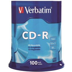 VERBATIM RECORDABLE CD-R 80MIN 700MB 52X SPINDLE PACK OF 100