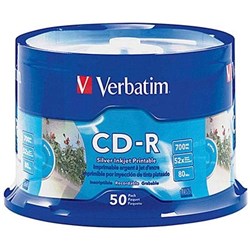 VERBATIM RECORDABLE CD-R 80MIN 700MB 52X INKJET PRINTABLE PACK OF 50 SILVER