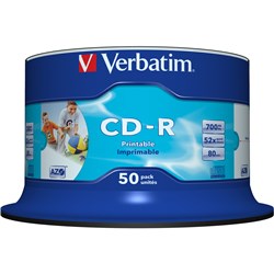 VERBATIM RECORDABLE CD-R 80MIN 700MB 52X INKJET PRINTABLE PACK OF 50 WHITE