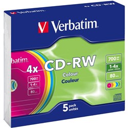 VERBATIM RECORDABLE CD-RW 80MIN 700MB 2-4X SLIM CASE ASSORTED COLOURS PACK OF 5