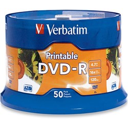 VERBATIM RECORDABLE DVD-R 120MIN 4.7GB 16X INKJET PRINTABLE PACK OF 50 WHITE