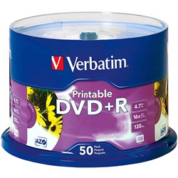 VERBATIM RECORDABLE DVD+R 120MIN 4.7GB 16X PRINTABLE INKJET PACK OF 50 WHITE