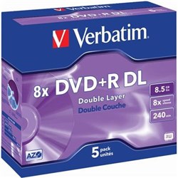 VERBATIM RECORDABLE DVD+R 240MIN 8.5GB 8X DOUBLE LAYER JEWEL CASE PACK OF 5