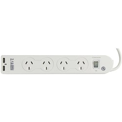 ITALPLAST 4 OUTLET POWERBOARD MASTER SWITCH SURGE OVERLOAD PROTECTION AND 2 USB WHITE