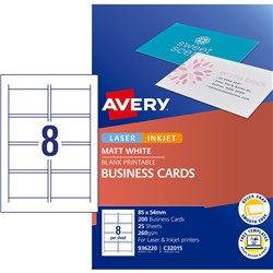 AVERY BUSINESS CARDS LASER INKJET DOUBLE SIDED LABELS MATTE WHITE 8UP 200 CARDS