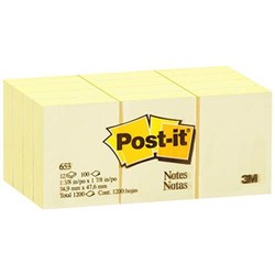 POST-IT 653 NOTES ORIGINAL 38 X 50MM YELLOW PAD 100 SHEETS PACK OF 12