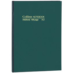 COLLINS NO.5804 NOTEBOOK HARD COVER A4 SHORT RULED A-Z 168 PAGE GREEN