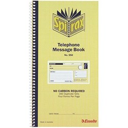 SPIRAX 550 TELEPHONE MESSAGE BOOK CARBONLESS 4 PER PAGE 160 DUPLICATE SETS SIDE OPENING