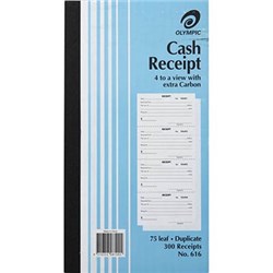 OLYMPIC 616 CASH RECEIPT BOOK 4 TO A VIEW CARBON DUPLICATE 254 X 135MM 75 LEAF BLUE