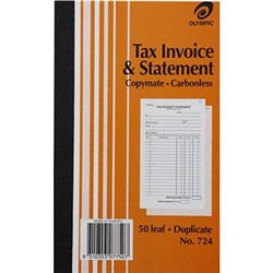 OLYMPIC 724 INVOICE/STATMENT BOOK CARBONLESS DUPLICATE 200 X 125MM 50 LEAF ORANGE