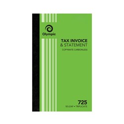 OLYMPIC 725 INVOICE/STATMENT BOOK CARBONLESS TRIPLICATE 200 X 125MM 50 LEAF GREEN