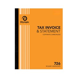 OLYMPIC 726 INVOICE/STATMENT BOOK CARBONLESS DUPLICATE 250 X 200MM 50 LEAF ORANGE