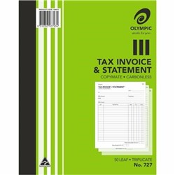 OLYMPIC 727 INVOICE/STATEMENT BOOK CARBONLESS TRIPLICATE 250 X 200MM 50 LEAF GREEN