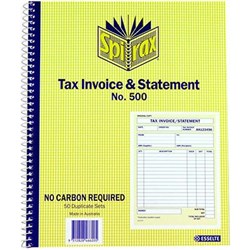SPIRAX 500 TAX INVOICE & STATEMENT BOOK CARBONLESS QUARTO 50 DUPLICATE SETS S/O