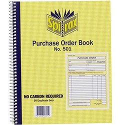 SPIRAX 501 PURCHASE ORDER BOOK CARBONLESS QUARTO 250 X 200MM 50 DUPLICATE SETS SIDE OPENING