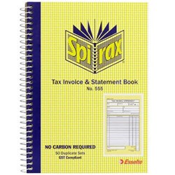 SPIRAX 555 TAX INVOICE & STATEMENT BOOK CARBONLESS 50 DUPLICATE SETS SIDE OPENING
