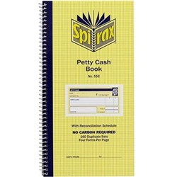 SPIRAX 552 PETTY CASH BOOK CARBONLESS 4 PER PAGE 160 DUPLICATE SETS SIDE OPENING