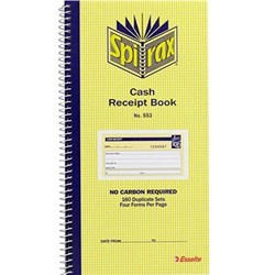 SPIRAX 553 CASH RECEIPT BOOK CARBONLESS 4 PER PAGE160 DUPLICATE SETS SIDE OPENING