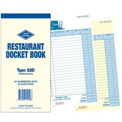ZIONS 22D RESTAURANT DOCKET BOOK CARBONLESS DUPLICATE 200X100MM 50 SETS