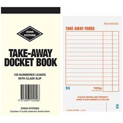 ZIONS TA DOCKET BOOK RESTAURANT TAKE AWAY 150X95MM