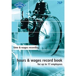 ZIONS 76P HOURS & WAGES BOOK UP TO 17 EMPLOYEES 205X130MM