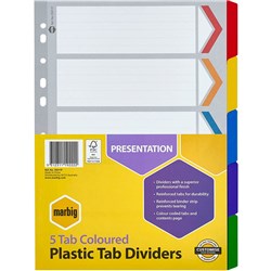 MARBIG PLASTIC INDICES & DIVIDERS A4 REINFORCED 5 TAB MULTI COLOUR