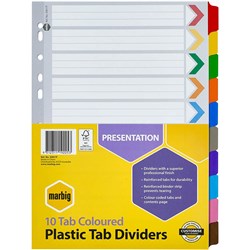 MARBIG PLASTIC INDICES & DIVIDERS A4 REINFORCED 10 TAB MULTI COLOUR