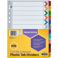 MARBIG PLASTIC INDICES & DIVIDERS A4 REINFORCED 1-12 TAB MULTI COLOUR