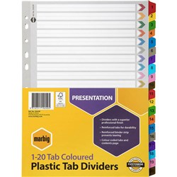 MARBIG PLASTIC INDICES & DIVIDERS A4 REINFORCED 1-20 TAB MULTI COLOUR