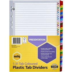 MARBIG PLASTIC INDICES & DIVIDERS A4 REINFORCED 1-31 TAB MULTI COLOUR