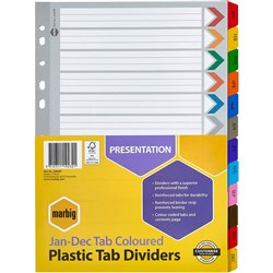 MARBIG PLASTIC INDICES & DIVIDERS A4 REINFORCED JAN-DEC TAB MULTI COLOUR