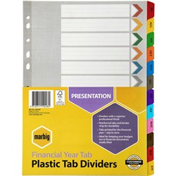 MARBIG PLASTIC INDICES & DIVIDERS A4 REINFORCED TAB FINANCIAL YEAR MULTI COLOUR