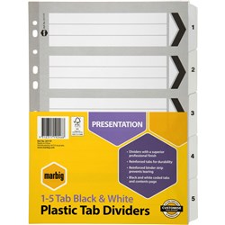 MARBIG PLASTIC INDICES & DIVIDERS A4 REINFORCED 1-5 TAB BLACK