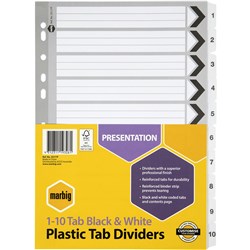 MARBIG PLASTIC INDICES & DIVIDERS A4 REINFORCED 1-10 TAB BLACK