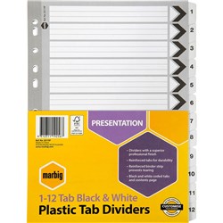 MARBIG PLASTIC INDICES & DIVIDERS A4 REINFORCED 1-12 TAB BLACK