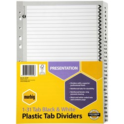 MARBIG PLASTIC INDICES & DIVIDERS A4 REINFORCED 1-31 TAB BLACK