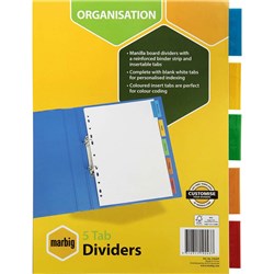 MARBIG MANILLA INDICES & DIVIDERS A4 5 TAB MULTI COLOUR