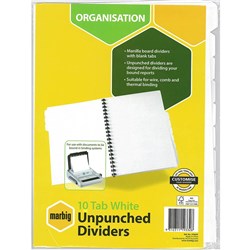 MARBIG MANILLA INDICES & DIVIDERS A4 10 TAB UNPUNCHED WHITE