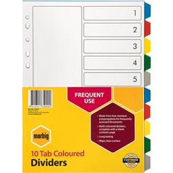 MARBIG PLASTIC INDICES & DIVIDERS A4 10 TAB MULTI COLOUR