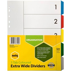 MARBIG PLASTIC INDICES & DIVIDERS A4 EXTRA WIDE 5 TAB MULTI COLOUR