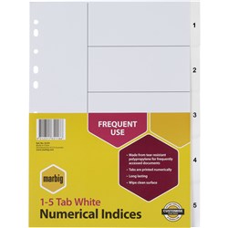 MARBIG PLASTIC INDICES & DIVIDERS TABS A4 1-5 WHITE
