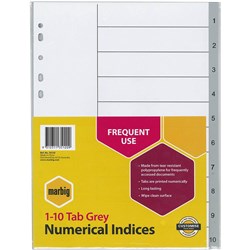 MARBIG PLASTIC INDICES & DIVIDERS A4 INDICES 1-10 GREY