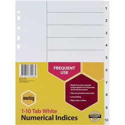 MARBIG PLASTIC INDICES & DIVIDERS A4 INDICES 1-10 WHITE