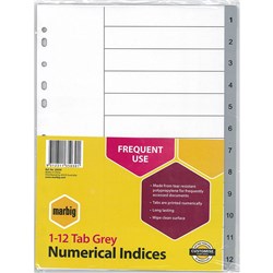 MARBIG PLASTIC INDICES & DIVIDERS TABS A4 1-12 GREY